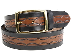Our custom Two-Tone Black and Brown belt features a half circle pattern on the brown interior with a plain black edging. This Leather Belt is hand-dyed and hand tooled creating a unique design and color.  It is available in 2 different widths.