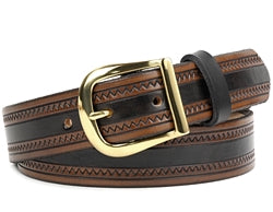 Our custom Two-Tone Brown Zig Zag Leather Belt is hand-dyed and hand tooled creating a unique design and color. This belt is a two-tone color of brown edges and a black interior. It is available in 3 different widths.