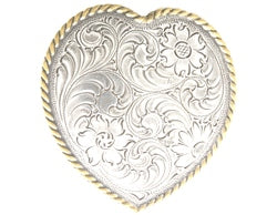 Western style single heart silver buckle with filigree design and a gold twisted rope border. 