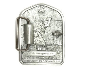 If you love Alice In Wonderland, this belt buckle is for you. The front has an image of Alice looking through the glass.  The back of the buckle shows her looking from the other side. 