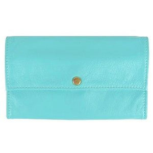 Baby Blue Ladies Deluxe Tri-Fold Leather Clutch Wallet holds 5 vertical credit cards, cash and checkbook. The wallet opens to access a slide-in bill pocket and a coin holder. The wallet closes with a nickel-plated solid brass snap closure. Closed size 7" x 4.25"