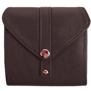 Dark Brown Ladies Bi-Fold ID Leather Wallet  - compact wallet opens to a 7" bill pocket , flip ID holder and 10 credit card slots. The exterior has a zippered coin pocket and a nickel-plated solid brass snap closure. Closed sized 4.5" x 4.5"