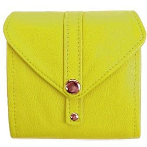 Lime Ladies Bi-Fold ID Leather Wallet  - compact wallet opens to a 7" bill pocket , flip ID holder and 10 credit card slots. The exterior has a zippered coin pocket and a nickel-plated solid brass snap closure. Closed sized 4.5" x 4.5"