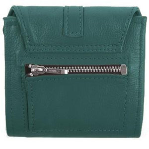 Teal Ladies Bi-Fold ID Leather Wallet  - compact wallet opens to a 7" bill pocket , flip ID holder and 10 credit card slots. The exterior has a zippered coin pocket and a nickel-plated solid brass snap closure. Closed sized 4.5" x 4.5"