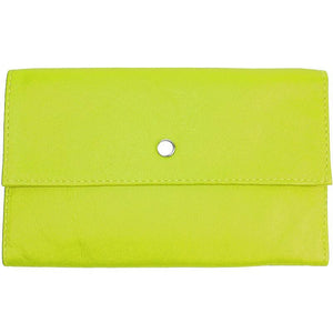 Lime Ladies Tri-fold Clutch Leather Wallet or small clutch. purse. Features 6 credit card/ID pockets, 2 - 7" x 3" slide in pockets for receipts or a cell phone. Outside 4" zippered coin pocket, nickel-plated solid brass snap closure. Closed size 7" x 4.25"