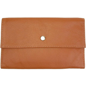 Luggage Ladies Tri-fold Clutch Leather Wallet or small clutch. purse. Features 6 credit card/ID pockets, 2 - 7" x 3" slide in pockets for receipts or a cell phone. Outside 4" zippered coin pocket, nickel-plated solid brass snap closure. Closed size 7" x 4.25"