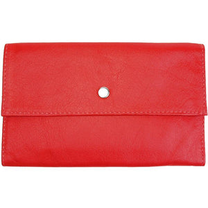 Red Ladies Tri-fold Clutch Leather Wallet or small clutch. purse. Features 6 credit card/ID pockets, 2 - 7" x 3" slide in pockets for receipts or a cell phone. Outside 4" zippered coin pocket, nickel-plated solid brass snap closure. Closed size 7" x 4.25"