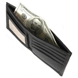 Black Bi-fold Leather Credit Card and ID wallet, see-through ID pocket, holds up to 5 credit cards and 2 additional vertical pockets on the inside of the wallet. There is a hidden bill compartment in the full-length bill compartment of the wallet. Folded size 4" x 4"