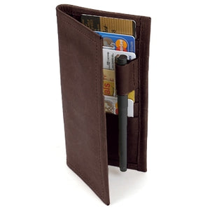 Chocolate Suit Coat Leather Wallet will slip into the breast pocket of your suit. 12 ID & Credit Card pockets, 2 vertical pockets, pen holder and checkbook & register pocket. Folded size 7" x 3.5" 