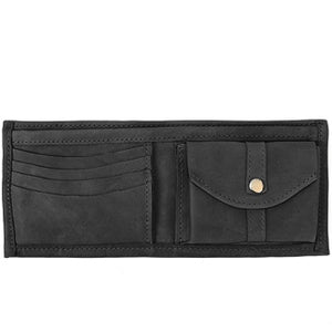 Black leather Bi-fold wallet with snap coin pocket on the inside of the wallet. Size 4.5" x 3.75", 4 credit card slots, 2 vertical slide-in pockets, full length bill section and 2 additional slots behind the coin pocket.