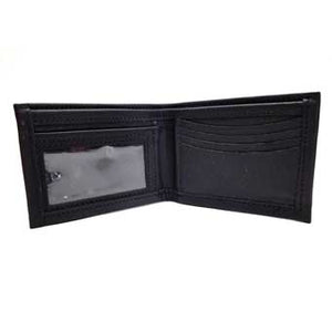 Black Bifold ID Leather Wallet with clear insert for your ID, 4 vertical and 2 horizontal card slots and a bill compartment. Folded size: 3.5" x 4.5"