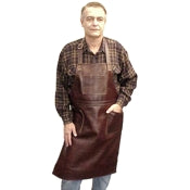 Long leather pocketed shop apron with an adjustable strap that goes over your head, rests on your neck. The edges are turned and sewn with secure nylon thread and includes a leather thong tie at the waist. Size: 38" x 24.5"