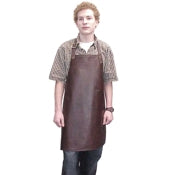 Leather shop apron with an adjustable strap that goes over your head, rests on your neck. The edges are turned and sewn with secure nylon thread and includes a leather thong tie at the waist. Size: 28" x 24.5"