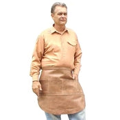 Basic heavier-duty 3 pocket half leather shop apron, no hem. Secured at the waist with a leather thong tie with grommets. Size: 21.5" L x 25.5" W