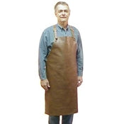 Cross-back heavy-duty adjustable straps long leather apron, edges are turned and sewn, leather thong tie at the waist. Size 38" x 24.5"