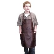 Soft leather apron, 3 pockets with over the neck straps and ties at the waist. Regular length 28" long x 24.5" wide