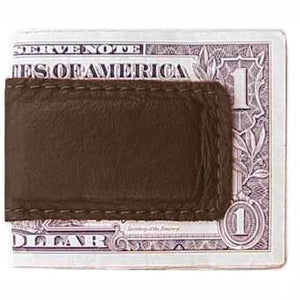 Chocolate Brown Leather Magnetic Money Clip holds 12 bills, closed size 2.5" x 1.75"