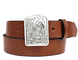Alice In Wonderlands belt buckle. The front has an image of Alice throwing a deck of cards.   The back of the buckle reads: "Who cares for you?" said Alice. She had grown to her full size by this time - You're nothing but a pack of cards.