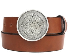 Silver metal Aztec Calendar Mayan belt buckle details front and back. Made in the USA by Bergamot Art Foundry. 