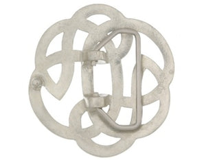 Round Celtic Lugh's Knot belt buckle.  This buckle has a hinged bar for the belt to clip onto and the other end has a strong prong to push through the hole in the belt.  Buckle measures: 2.75" wide x 2.75" height  Belt loop measurement: 1.5" 