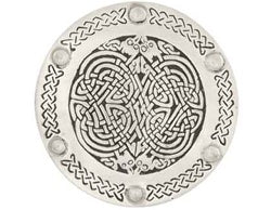 Round Celtic belt buckle with embossed design.  This buckle has a hinged bar for the belt to clip onto and the other end has a strong prong to push through the hole in the belt.