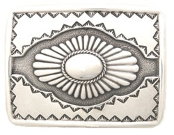 Silver horizontal buckle Arizona Sun with detail, sun burst in the middle. 