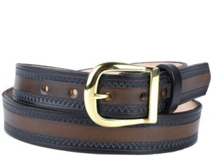 Our custom Two-toned Zig Zag hand-dyed and hand tooled leather belt Brown with Black edging