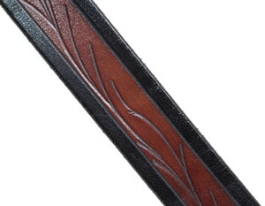 Our custom Viny hand-dyed and hand tooled leather beht Brown with Black edging Edit alt text