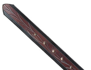 Our custom Viny hand-dyed and hand tooled leather belt Brown with Black edging 