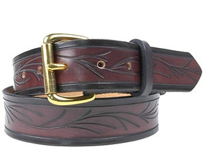 Our custom Viny hand-dyed and hand tooled leather belt Brown with Black edging