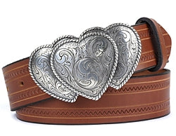 Western style triple heart silver buckle with filigree design and twisted rope borders. 