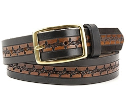 Our custom Two-Tone Barbed Wire Design Leather Belt is hand-dyed and hand tooled creating a unique design and color. The barbed wire design is continuous throughout the middle of the belt in black with a brown interior. The edging of the belt is plain black and is available in 1 width only.