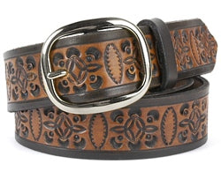 Our custom Two-Tone Celtic Design Leather Belt is hand-dyed and hand tooled creating a unique design and color. The Celtic design is very detailed throughout the middle of the belt in black with a brown interior. The edging of the belt is plain black and is available in 1 width only. 