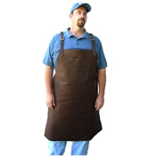 Heavy duty extra-long leather apron with 3 riveted pockets, cross back straps and ties at the waist. Extra long length 39.5" long x 31" wide