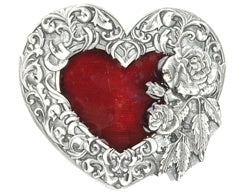Western style single heart with silver flowers and feather detail and a bright red center. 