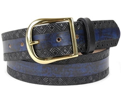 Our custom Two-Tone Marbled Design Leather Belt is hand-dyed and hand tooled creating a unique design and color. The blue marbled design is continuous throughout the middle of the belt with a crisscross design on both edges of the belt in black. This belt is available in 2 widths. 