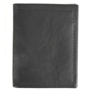 Black leather bi-fold money clip wallet - 3 inside credit card slots, 1 money clip hook. Folded size 3.5" x 4.5"