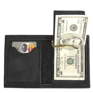 Black leather bi-fold money clip wallet - 3 inside credit card slots, 1 money clip hook. Folded size 3.5" x 4.5"