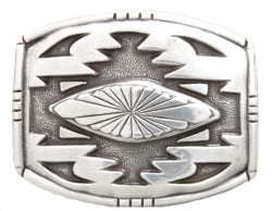 Navajo sterling silver horizontal belt buckle.  The buckle features hand stamped sun burst designs.