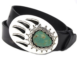 Silver metal Bear Claw belt buckle with turquoise stone. Oval shape with 5 claws and sun burst pattern around the stone.    Belt loop width measurement: 1.5"