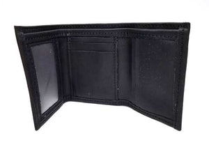 Black Tri Fold Wallet with an ID window on the left for quick access. Lots of space for credit cards, 3 slide-down pockets in the center, bonus pocket behind, and 3 vertical pockets on the right. Closed size: 3" x 4.5"