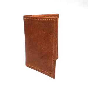 Chocolate Tri Fold Wallet with an ID window on the left for quick access. Lots of space for credit cards, 3 slide-down pockets in the center, bonus pocket behind, and 3 vertical pockets on the right. Closed size: 3" x 4.5"