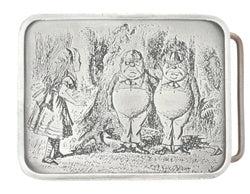 If you love Alice In Wonderland, this belt buckle is for you. The front has an image of Alice looking at Tweddle Dee and Tweedle Dum.  