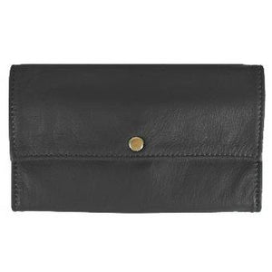 Black Ladies Deluxe Tri-Fold Leather Clutch Wallet holds 5 vertical credit cards, cash and checkbook. The wallet opens to access a slide-in bill pocket and a coin holder. The wallet closes with a nickel-plated solid brass snap closure. Closed size 7" x 4.25"