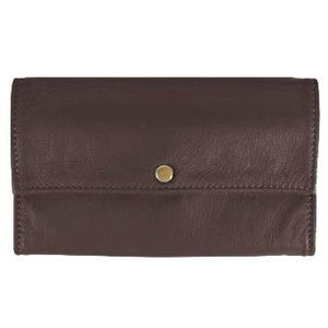 Dark Brown Ladies Deluxe Tri-Fold Leather Clutch Wallet holds 5 vertical credit cards, cash and checkbook. The wallet opens to access a slide-in bill pocket and a coin holder. The wallet closes with a nickel-plated solid brass snap closure. Closed size 7" x 4.25"