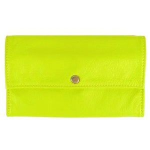 Lime Ladies Deluxe Tri-Fold Leather Clutch Wallet holds 5 vertical credit cards, cash and checkbook. The wallet opens to access a slide-in bill pocket and a coin holder. The wallet closes with a nickel-plated solid brass snap closure. Closed size 7" x 4.25"