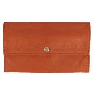 Luggage Ladies Deluxe Tri-Fold Leather Clutch Wallet holds 5 vertical credit cards, cash and checkbook. The wallet opens to access a slide-in bill pocket and a coin holder. The wallet closes with a nickel-plated solid brass snap closure. Closed size 7" x 4.25"