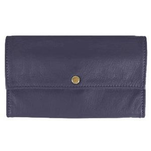 Purple Ladies Deluxe Tri-Fold Leather Clutch Wallet holds 5 vertical credit cards, cash and checkbook. The wallet opens to access a slide-in bill pocket and a coin holder. The wallet closes with a nickel-plated solid brass snap closure. Closed size 7" x 4.25"