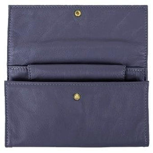 Purple Ladies Deluxe Tri-Fold Leather Clutch Wallet holds 5 vertical credit cards, cash and checkbook. The wallet opens to access a slide-in bill pocket and a coin holder. The wallet closes with a nickel-plated solid brass snap closure. Closed size 7" x 4.25"