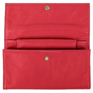 Red Ladies Deluxe Tri-Fold Leather Clutch Wallet holds 5 vertical credit cards, cash and checkbook. The wallet opens to access a slide-in bill pocket and a coin holder. The wallet closes with a nickel-plated solid brass snap closure. Closed size 7" x 4.25"
